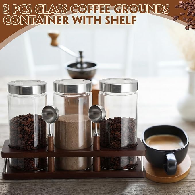 Suclain 3 Pcs 44 oz Glass Coffee Grounds Container with Shelf Glass Coffee Bean Storage Canisters with Airtight Lid and Measuring Spoon Food Storage Jars for Kitchen Sugar (Artsy Style)