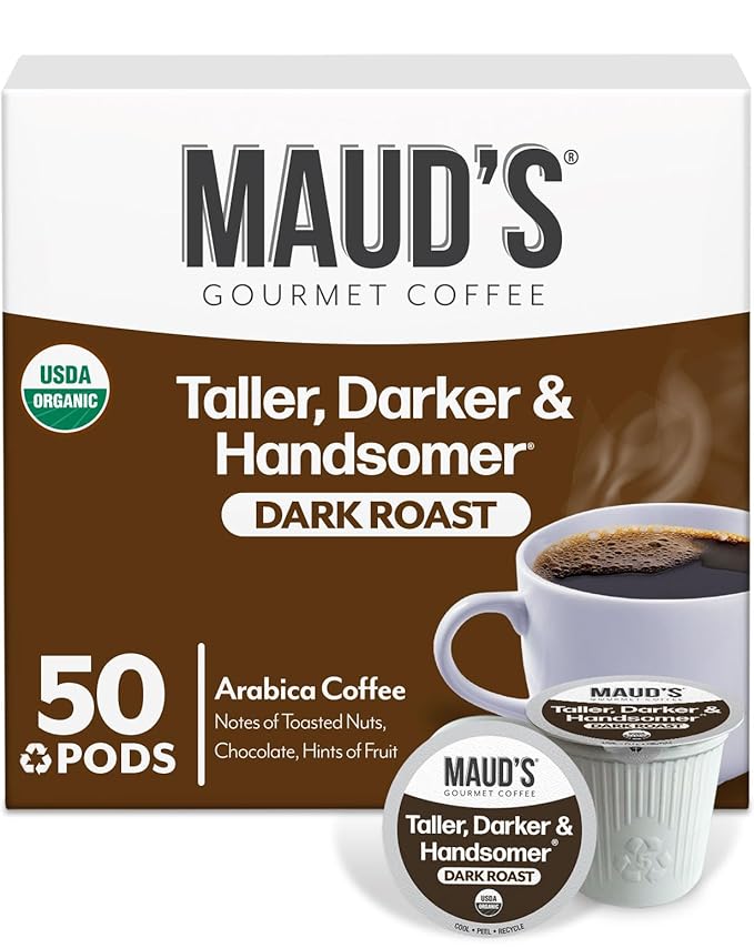 Maud's Organic Dark Roast Coffee Pods, 50 ct, Fair Trade & Single Origin Single Serve Pods – 100% Arabica Coffee, Compatible with Keurig K Cups Maker