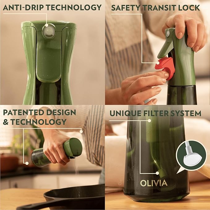 OLIVIA SIGNATURE Advanced Kitchen Oil Sprayer Technology, Fine Mist & Portion Control, Refillable Glass Olive Oil Cooking Spray Bottle for Air Fryer, Salad, BBQ, 2 Pack 200ml (Green)