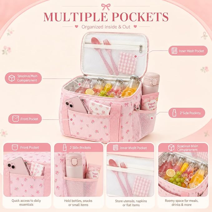BTOOP Insulated Lunch Box for Women, Cute Corduroy Lunch Bag with Shoulder Strap, Leakproof Wide-Open Lunch Tote for Work, Office, School, Picnic Bow-Floral Pink-1