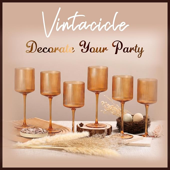 Amber Colored Square Wine Glasses Set of 6, Elegant Ribbed Design Amber Crystal Glassware with Long Stem, 11.5oz Hand Blown Red & White Wine Stemware For Home Dinner Party Wedding Housewarming Gift
