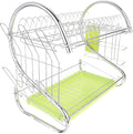 Double-Layer Dish Rack with Bowl Container, Iron Kitchen Utensils Holder, Multifunctional Draining Rack Over Sink Drying and Kitchen Storage, Green