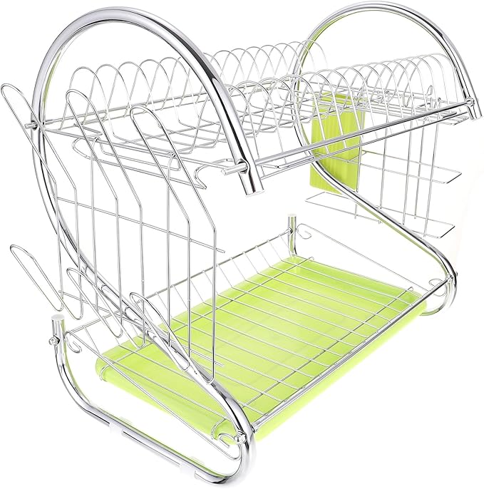 Double-Layer Dish Rack with Bowl Container, Iron Kitchen Utensils Holder, Multifunctional Draining Rack Over Sink Drying and Kitchen Storage, Green