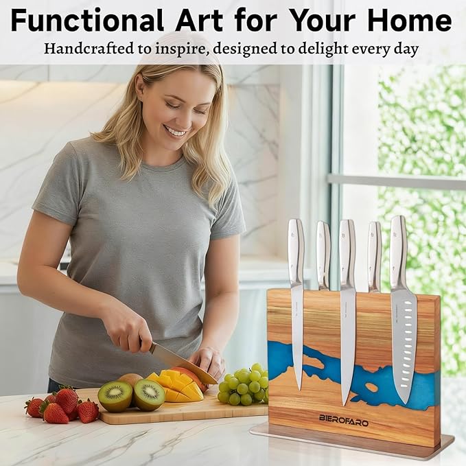 Magnetic Knife Block with Steel Base, Double‑Sided Knife Holder Made of Acacia Wood for Chef Knives, Modern Kitchen Countertop Organizer, Blue Resin River Design