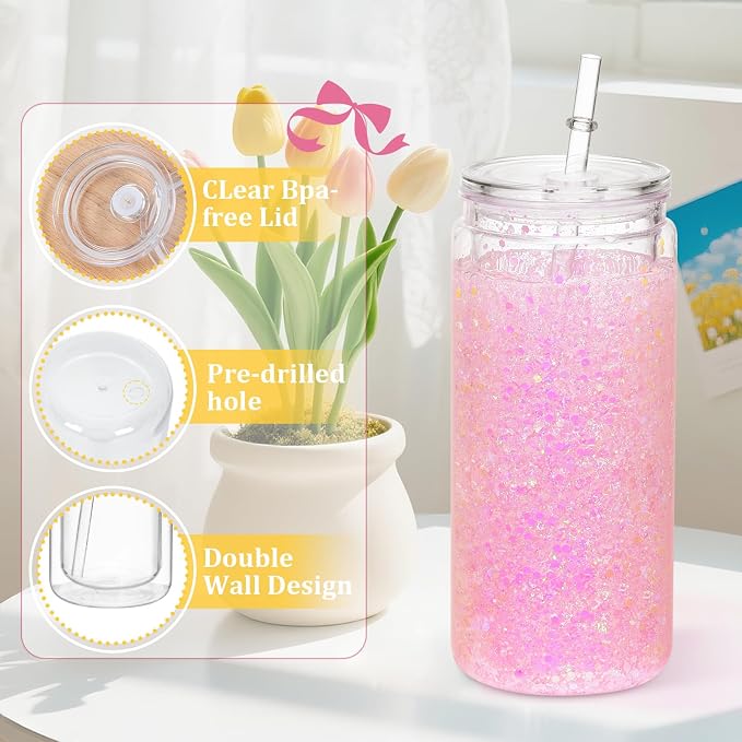 20 Oz Acrylic Snow Globe Tumbler, 16 Pack Pre-Drilled Double Wall Plastic Snowglobe Cup for Glitter Snow Globe Diy, with Clear Lid