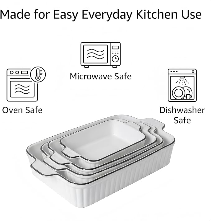 Ceramic Bakeware Set of 4, Deep Rectangular Casserole Dishes for Oven to Table, Non-Stick Lasagna Pans with Handles, Stackable Baking Pans for Family Dinners & Housewarming Gift