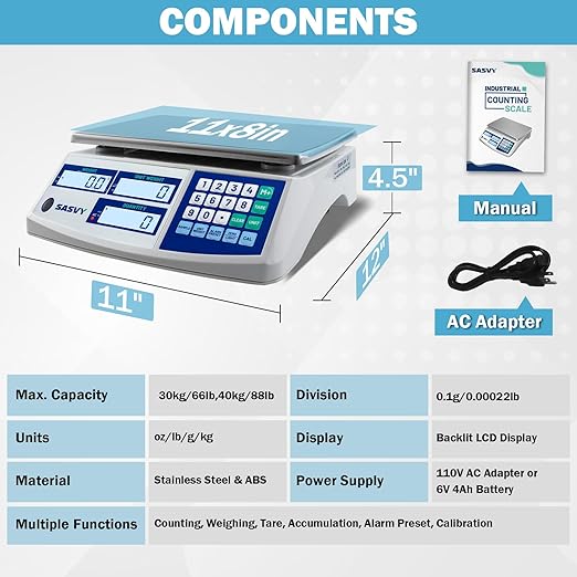 Counting Scale (88lb/40kg, 0.1g) lb/oz/kg/g Industrial Digital Inventory Scale with Battery for Small Parts, Coins, Pieces, Tickets