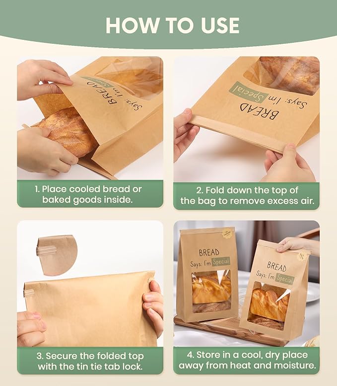 50PCS 2X Thicker Brown Paper Bread Bags with Tabs | Kraft Homemade Sourdough Round Loaf Storage for Gifting Packaging | Large Bakery Sour Dough Gift Bag with Window | 13.6x8.3x4.1in
