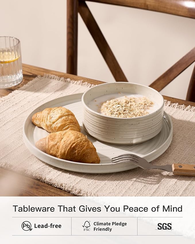 18-Piece Reactive Glaze Stoneware Dinnerware Sets for 6 - High Edge Plates & Bowls, Speckles & Spirals - Chip & Scratch Resistant, Microwave & Dishwasher Safe - Gift Box, Shell Beige