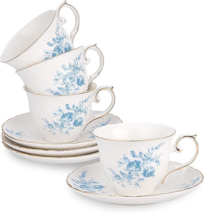 Agyiuns tea cups and saucers ceramic coffee mug 6oz for Coffee, Latte, Cafe Mocha and Tea-Set of 4,Blue