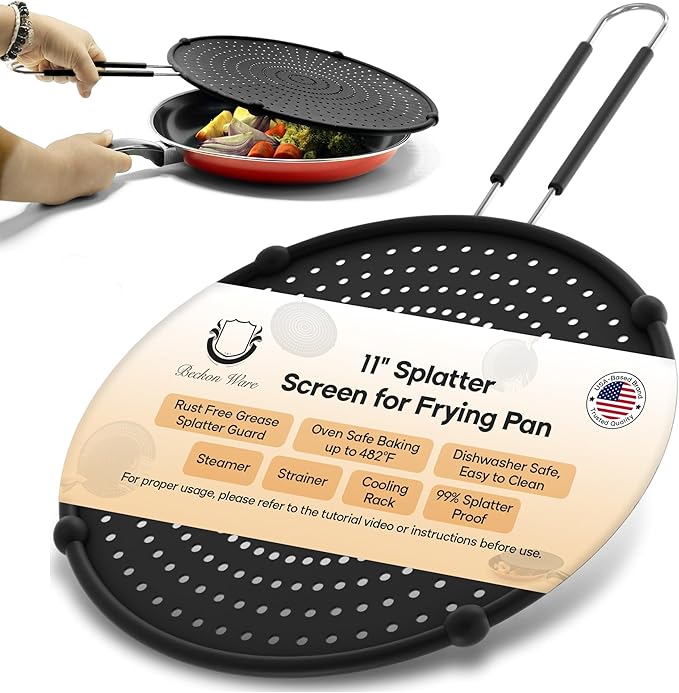 Splatter Screen for Frying Pan | USA Brand | 11-Inch Black, Fit Pans (6" to 11") Silicone Grease Splatter Guard for Frying Pan and Stove by Beckon Ware