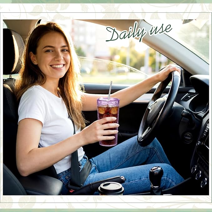 2 Set 20oz Vintage Plastic Tumbler with Lids and Straws Ribbed Floral Drinking Glasses Reusable Iced Coffee Cups for Water Juice Smoothie Cocktail Travel Party Events Gift (Purple)