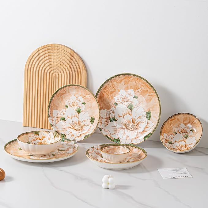 16-Piece Dinnerware Set for 4, Ceramic Plates and Bowls Sets, Microwave & Dishwasher Safe Dish Sets for Daily Use & Gifting, with Vintage Camellia Floral Pattern