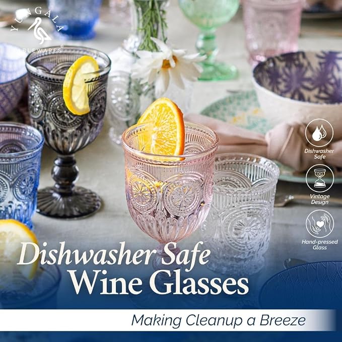 Multi Color Wine Glasses Set of 6 Vintage Hobnail Goblets 10 oz Dishwasher Safe