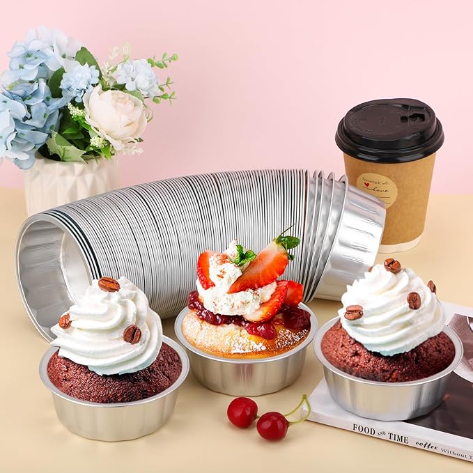 Beasea Aluminum Ramekins 8oz 200 Pack, Disposable Ramekins Foil Cups Baking 3.9" Ramekin Cup Cupcake Aluminum Mini Baking Cups for Party - Silver