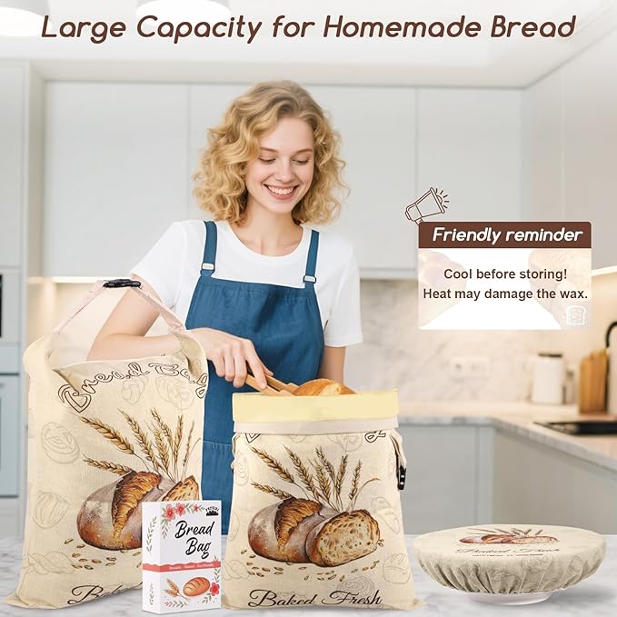 Beeswax Bread Bags for Sourdough, 2 Pack Reusable Bread Bag for Storage XL 17x13 Inch, Large Linen Beeswax Bread Bags for Homemade Sourdough with 1 Linen Bowl Cover - Keep Fresh, Freezer Safe