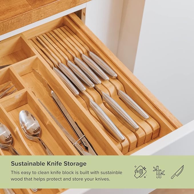 KitchenEdge Bamboo Kitchen Knife Block Holder Organizer - Holds 5 Long + 6 Short Knives (Not Included), Fits Most Knife Sizes, Rubber Feet, Sustainable Bamboo, In-Drawer Design (Pack of 2)