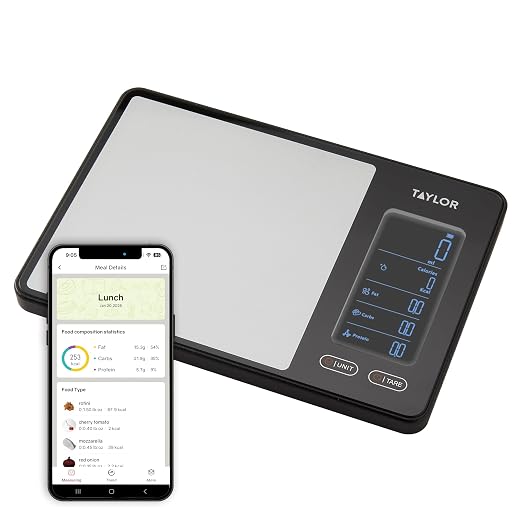 Taylor 5340117 Smart Food Scale with Precision Hub App, Digital Kitchen Scale for Macro Tracking and Calorie Logging, 11 lb Capacity, Measures Grams, Ounces & Liquids, Batteries Included