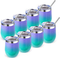 Volhoply 12oz Stainless Steel Wine Tumbler with Lid Bulk 8 Pack,Double Wall Vacuum Stemless Wine Glasses,Reusable Metal Travel Coffe Mug with Straw,Insulated Cup Gifts for Women（Purple Green,8 Set）