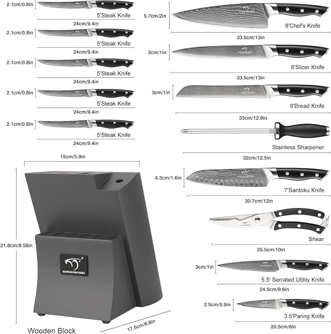 Damascus Kitchen Knife Set, 15-Piece Kitchen Knife Set with Block, ABS Ergonomic Handle for Chef Knife Set and Serrated Steak Knives Knife Sharpener and Kitchen Shears, 14 Slots Wooden Knife Block