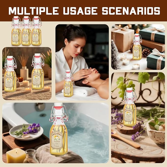 20 Pack Swing Top Glass Vanilla Extract Bottles 4 oz with Lids, Vanilla Labels & Funnel, Boston Square Bottles for Homemade Syrup, DIY Gifts, Flip Top Jars for Extract