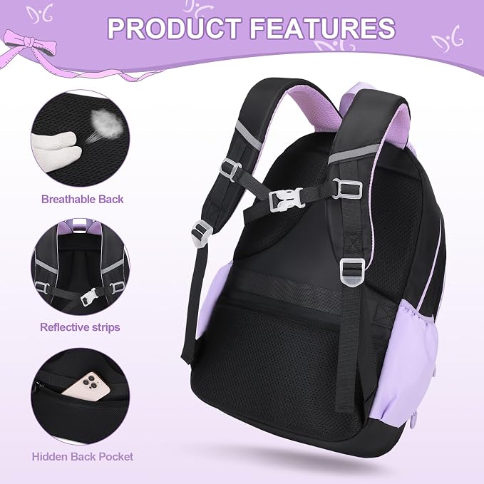 DIGOBAY Girls Backpack - Kids Bento Box Set with Insulated Lunch Bag, Cutlery and Pencil Case, 6 Leak-Proof Compartments, Removable Tray for Girls Teens School Picnic