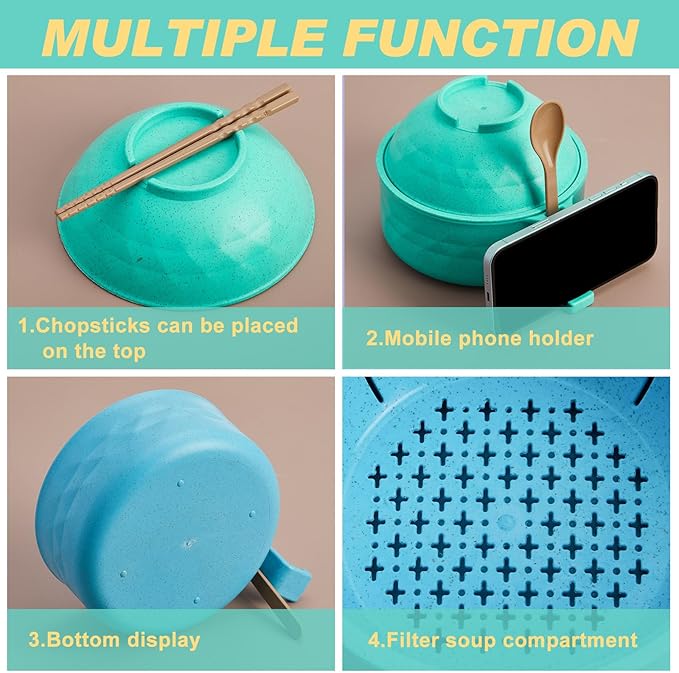 2 Sets Microwave Ramen Bowl 40 oz Wheat Fiber Portable Instant Noodle Cooker Bowl with Handles Strainer Spoon Chopstick Fork College Dorm Room Apartment Essentials(Blue Sky,Mint Green)