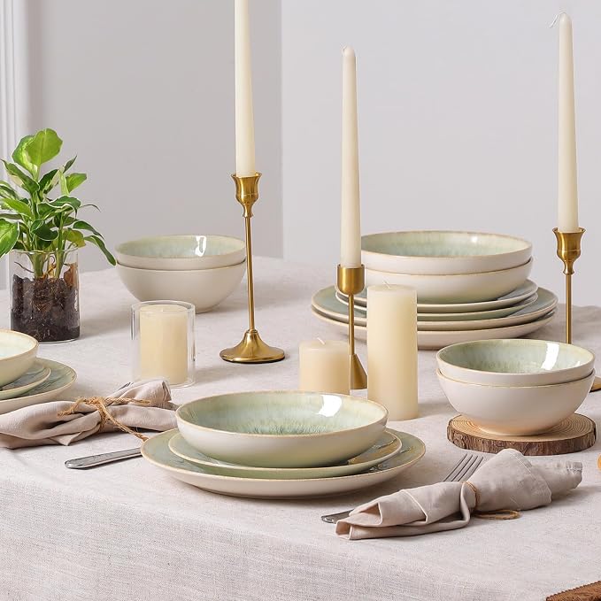 DOMICREVERY Ceramic Dinnerware Sets for 6, 24 Pcs Ceramic Plates and Bowls Sets, Moss Green