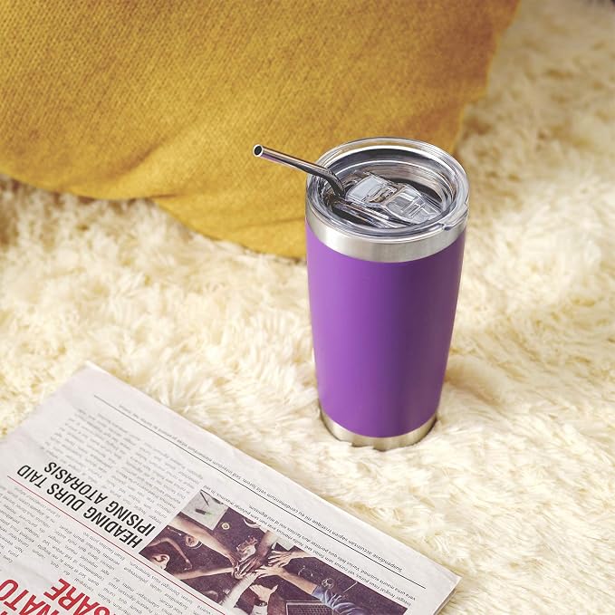 COMOOO 20oz Double Wall Vacuum Insulated Travel Mug, Stainless Steel Tumbler with Lid and Straw for Women Durable Powder Coated Insulated Coffee Cup for Cold & Hot Drinks(Purple, 1 Pack)