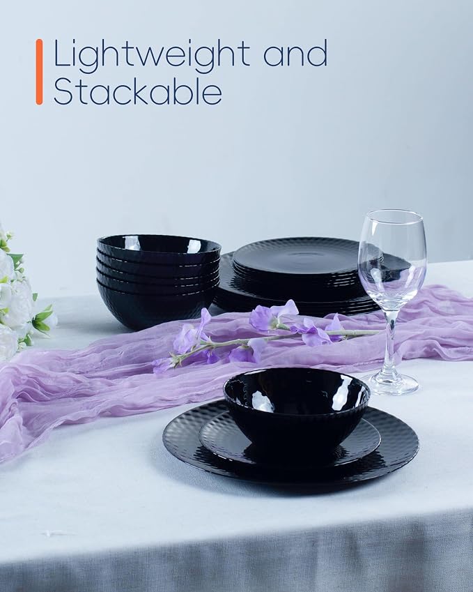 LaGlint Dinnerware Sets for 4, Light & Durable 12 Pieces Opal Glass Plates and Bowls Set, Dishwasher and Microwave Safe Dish Dinning Ware, Thin but Strong Geometric Faceted Black