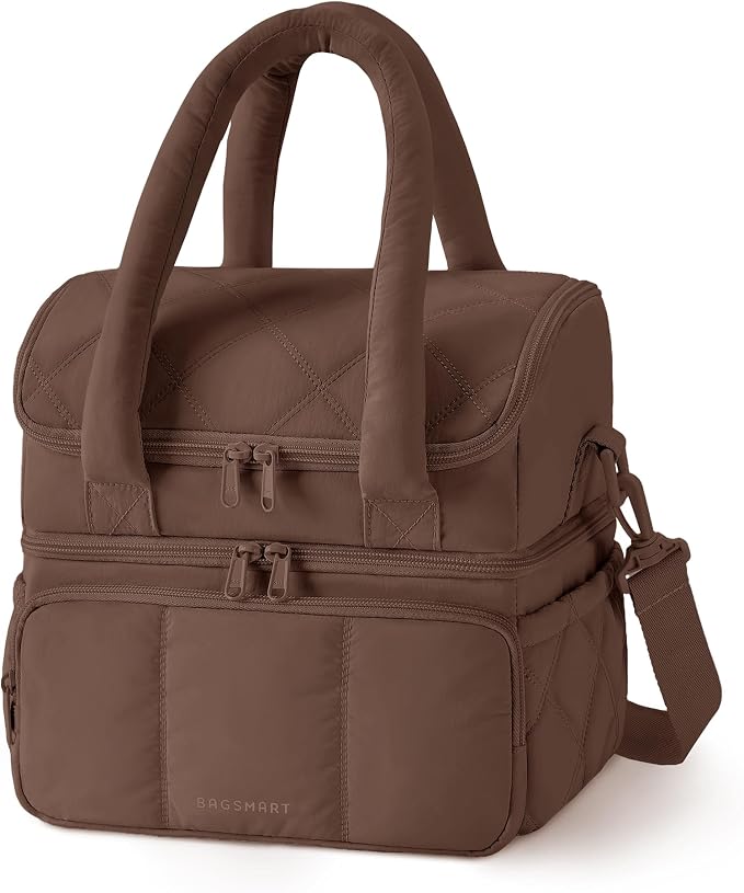 BAGSMART Lunch Bag Women, Double Deck Insulated Lunch Box, Quilted Puffer Lunch Tote, Leakproof, Durable & Reusable Large Lunch Cooler For Work Picnic Travel Meal Prep, Coffee Brown