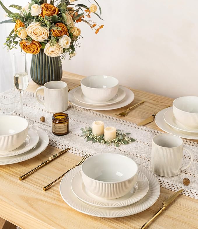 TheTerra Stoneware Dinnerware Sets for 6, 18 Pieces Ceramic Plates and Bowls Sets, Scratch Resistant Embossed Dish Set, Oven, Microwave & Dishwasher Safe, Cream White