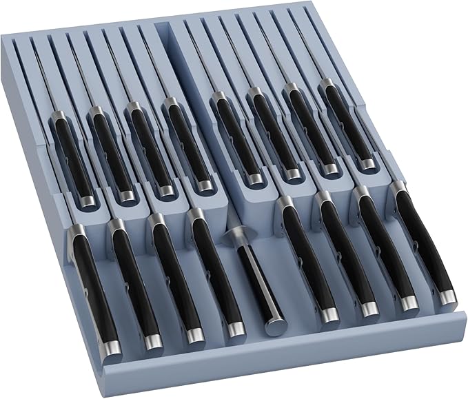 Domax Bamboo In-drawer Knife Block - Kitchen Knife Drawer Organizer Insert, Knife Holder without Knives Large, Drawer Knife Organizer Fits for 16 knives and 1 Sharpening Steel (Not Included), Gray