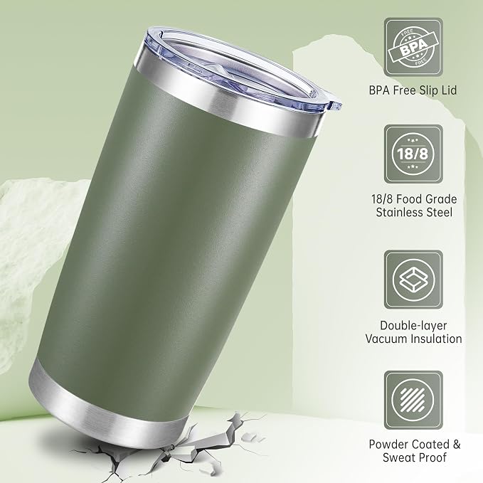 20 oz Tumbler Stainless Steel Tumblers with Lid Double Wall Vacuum Insulated Coffee Mug 20oz Powder Coated Cup for Hot and Cold Drinks, Army Green, 1 pack