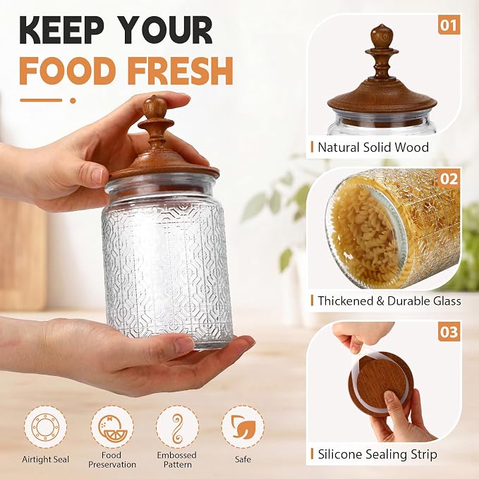Suclain 6 Pack 24 oz Vintage Glass Jars with Wooden Crown Lids, Decorative Jars with Flower in the Window Pattern, Airtight Glass Food Storage Containers for Tea Coffee Spice Pantry Organization