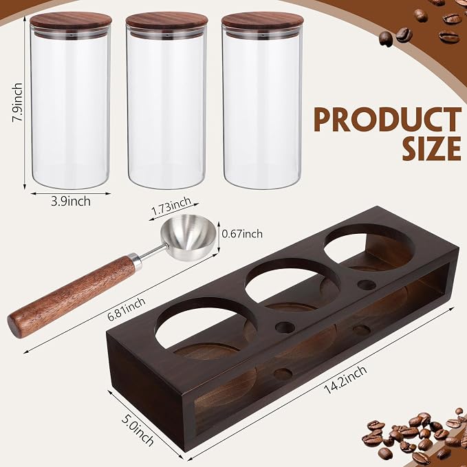 Suclain 3 Pcs 44 oz Glass Coffee Grounds Container with Shelf Glass Coffee Bean Storage Canisters with Airtight Lid and Measuring Spoon Food Storage Jars for Kitchen Sugar (Minimalist Style)