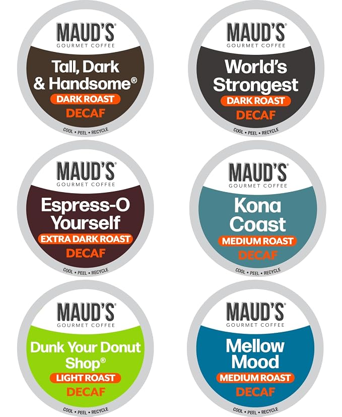 Maud's Decaf Coffee Pods Variety Pack, 54 ct, 6 Assorted Roasts & Flavors, Decaf Dark & Medium Roast Coffee in Single Serve Pods - 100% Arabica Coffee, Compatible with Keurig K Cups Maker