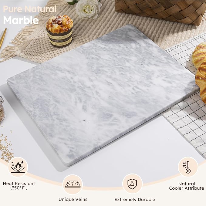 Diflart Natural Marble Stone Cutting Board for Kitchen, 16x20 Inch, Gray with White Veins, Marble Slab Pastry Board Large with Non Slip Feets for Baking, Cheese, Charcuterie, Pack of 1 Pcs