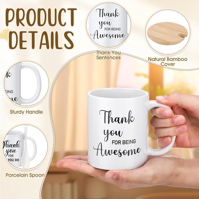 12 Pcs Thank You Coffee Mugs Gifts Bulk Employee Appreciation Gifts Cups 12oz Motivational Ceramic Mugs with Lid Spoon for Team Coworker Volunteer Office