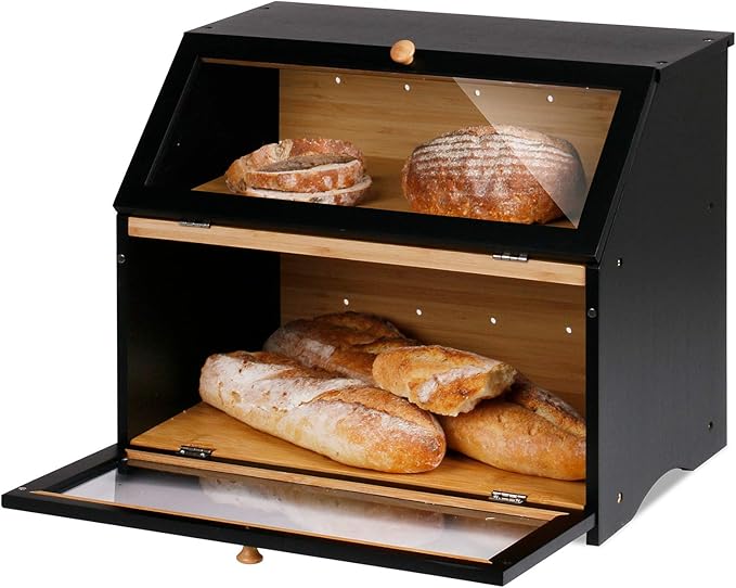 HOMEKOKO Double Layer Large Bread Box, Wooden Bread Storage Bin, Black | Large Capacity, For Kitchen Counter, See Through, Easy Assembly