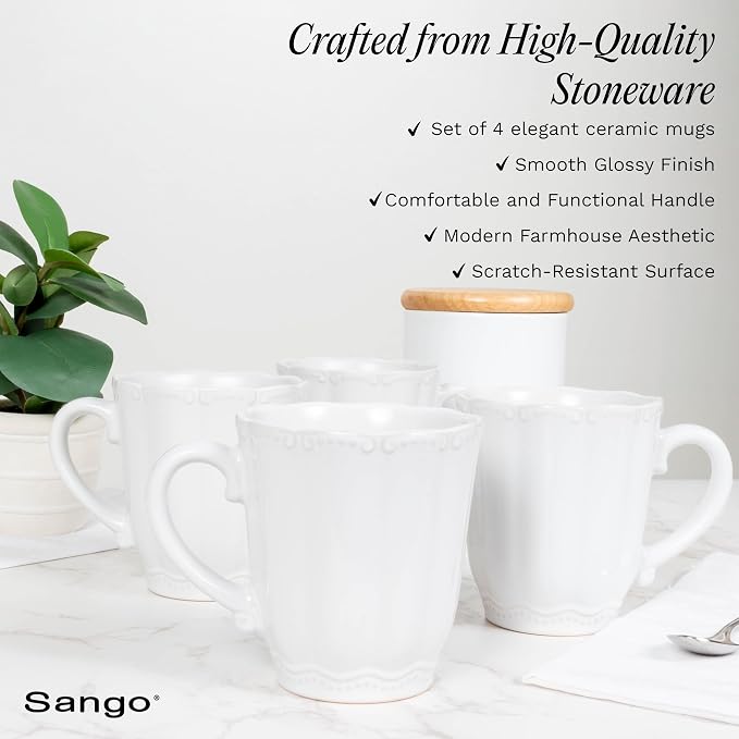 SANGO Bethany White Mugs Set of 4, 12 oz Stoneware White Coffee Mugs, Vibrant Ceramic Drinkware for Coffee, Tea or Cocoa, Durable Everyday Cups, Dishwasher & Microwave Safe, Kitchen Mug Set