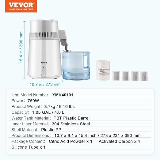 VEVOR 1.1 Gallon Water Distiller, 750W, BPA Free Container Countertop | Plastic Container, Button Control, Countertop Distilled Water Maker for Home, White