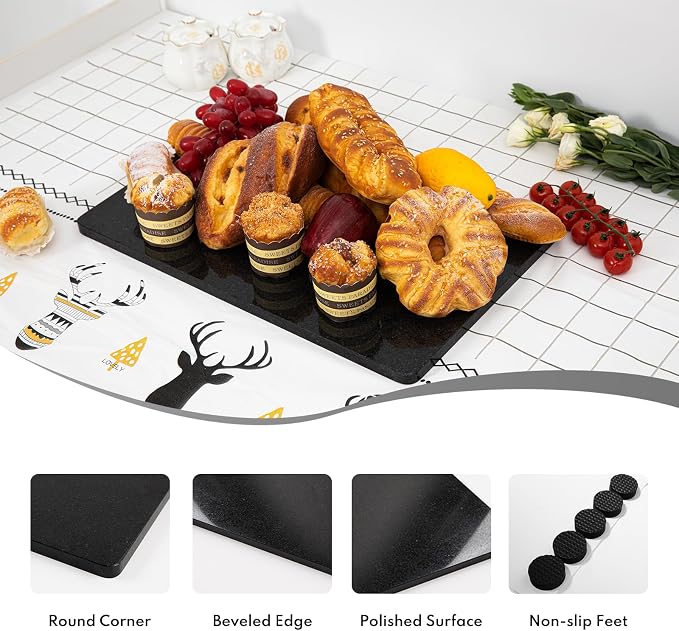Lovdeco Black Marble Cutting Board, 20x12 Inch Stone Pastry Board For Kitchen, Black Marble Slab With Non-Slip Feets, 1 Piece