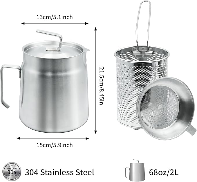 68oz Stainless Steel Oil Filter Pot with Deep Fryer Basket - Kitchen Large Capacity Versatile Oil Strainer Vessel and Bacon Grease Saver for Cooking Grease