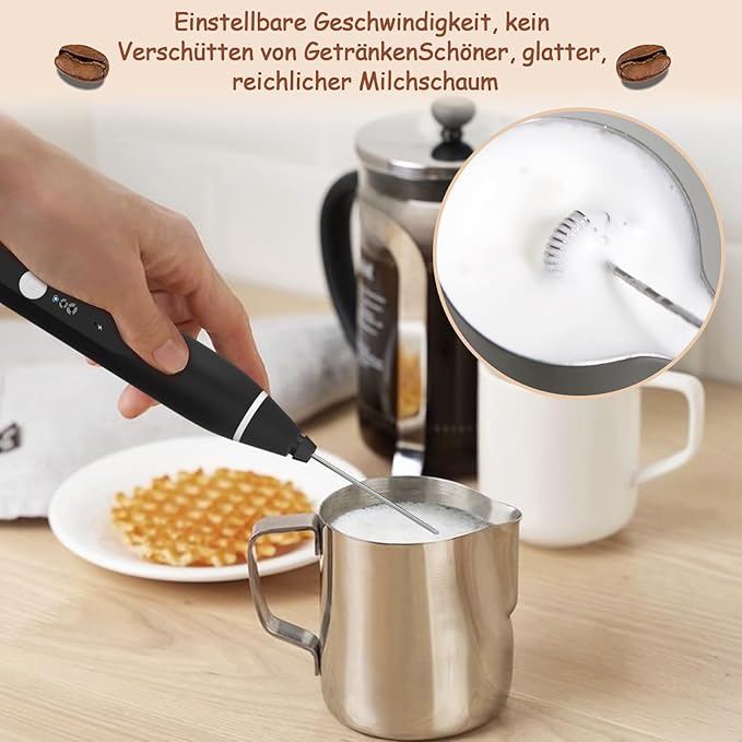 FITNATE Rechargeable Electric Foam Maker Drink Mixer 3 Speeds with 2 Stainless Steel Whisks, Frother for Coffee, Hot Chocolate, Latte, Cappuccino, Includes Frother Cup