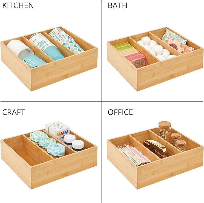 mDesign Bamboo Pantry Organizer Bin Box, 3 Sections - Wooden Stackable Basket Crates for Food, Produce, Vegetable Storage - Use on Shelves or in Closet, 2 Pack, Natural/Tan