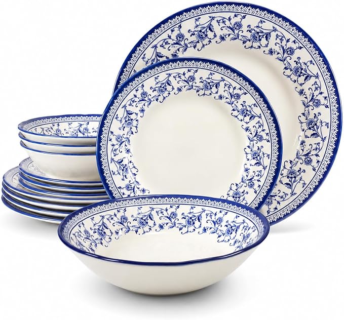 TUDOR ROYAL 12-Piece Round Porcelain Dinnerware Set, Service for 4 - Aster BLUE Design, Multicolor Floral, Plates Bowls Mugs Dishes, Premium Quality Tableware, Unique Pattern, Glossy
