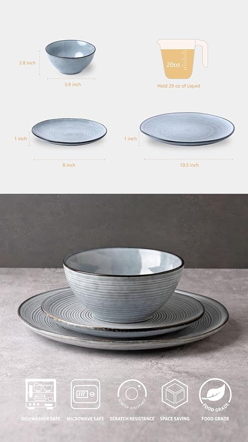 Famiware Tempus Plates and Bowls Sets for 6, 18 Pieces Stoneware Dinnerware Sets, Reactive Glaze Dishes Set, Dishwasher & Microwave Safe - Pearl Blue