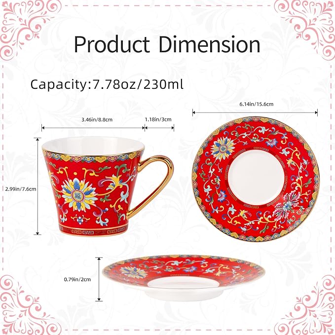 KAMMAK Tea Cups and Saucers Set of 2, Porcelain Coffee Cups, 8oz Stackable Espresso Mugs, Ceramic Demitasse for Coffee, Latte, Americano, Tea (629N+630N)