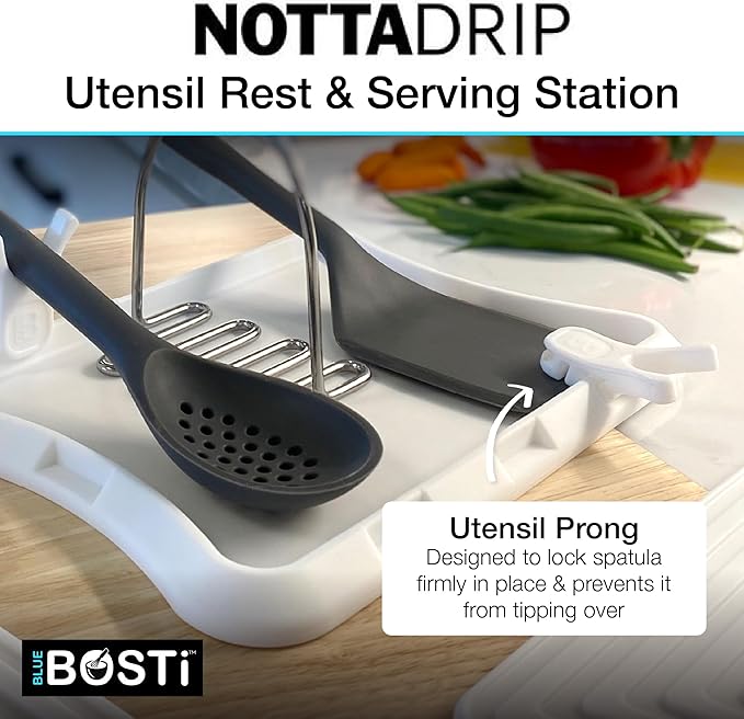Nottadrip Silicone Spoon Rest for Stove Top - Kitchen Spoon Rest for Countertop, Ladle Holder, All in 1 Serving Station, Elevate Handles, Drip to Tray, Mess Free - 5PC Trivet Set - White